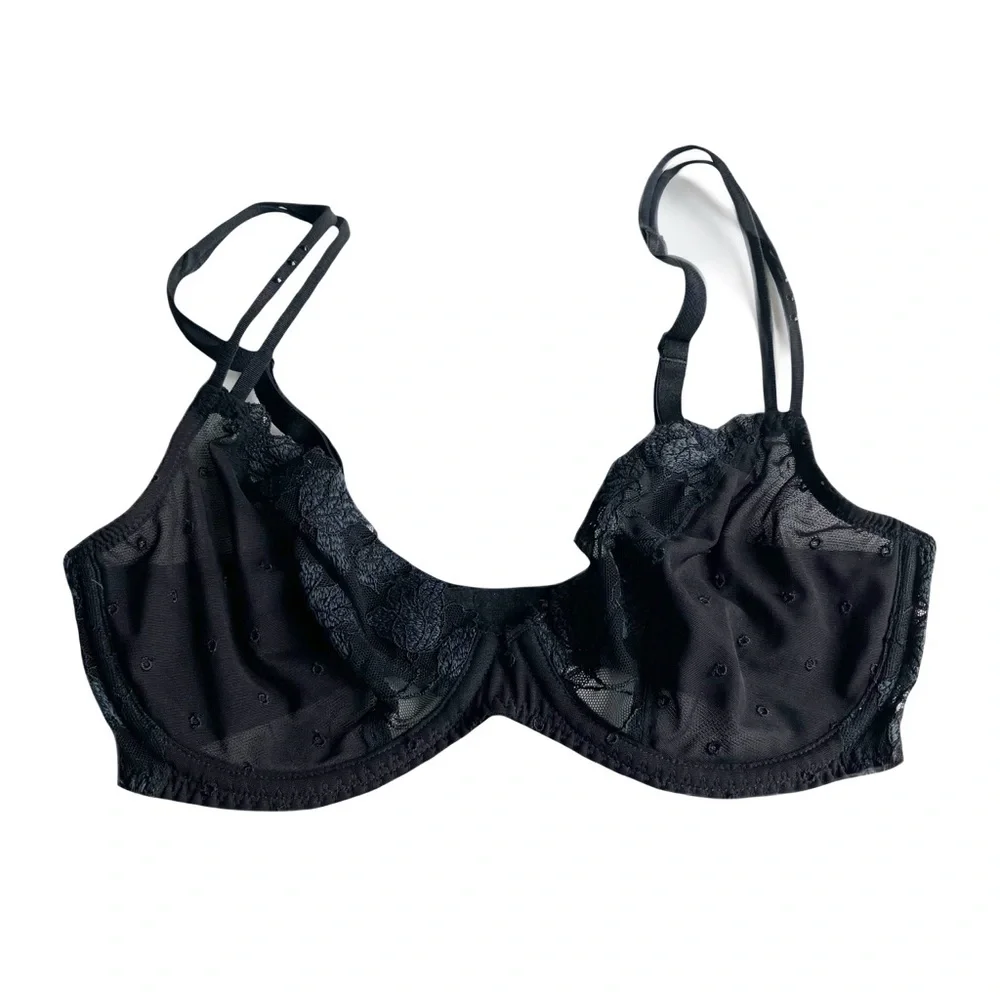 Marie Jo Black Sheer Lace Full Cup Underwire Bra Size 32D Plunge Mesh Polka Dots